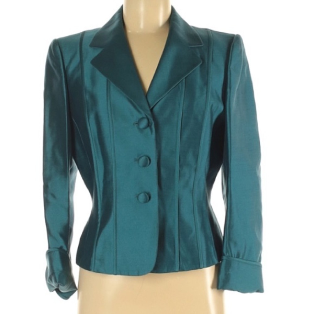 Tahari Teal Wool Silk 3 Button Cuff Career Blazer Womenâs 8 Professional Chic